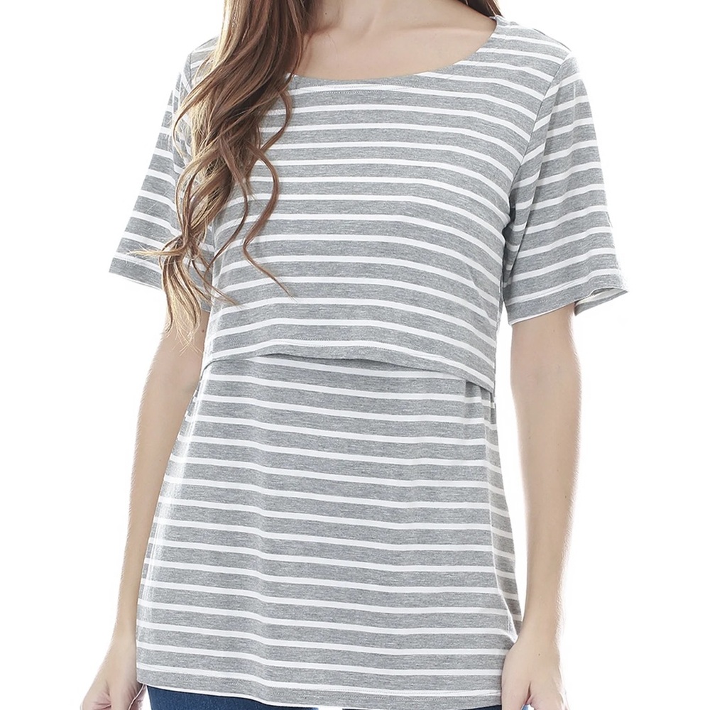 NWT Bearsland Gray Striped Nursing Maternity Women's Top Size L